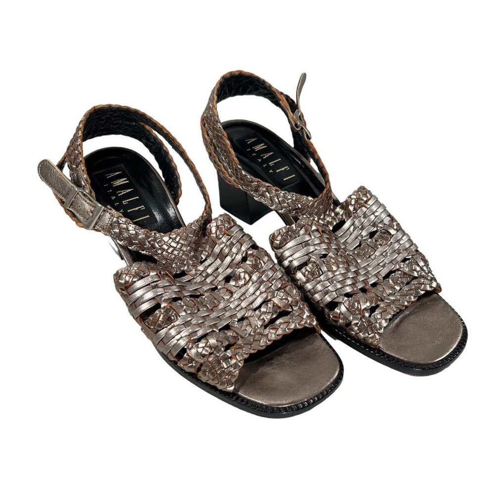 Amalfi Metallic Woven Leather Sandals Block Heel Italy Sz 7 B Strappy Open Toe - Picture 10 of 13